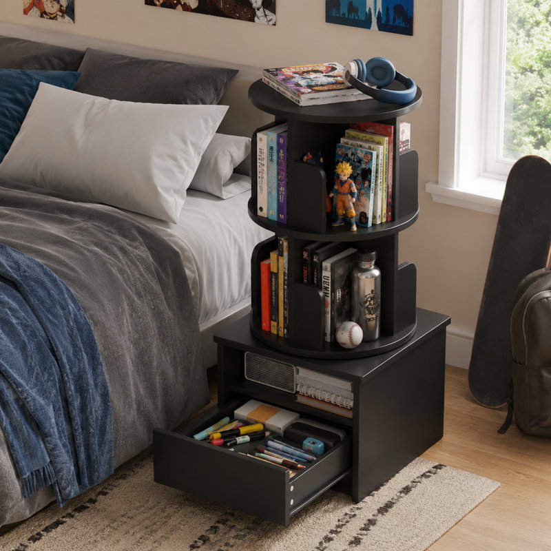 Table de chevet de 39 po de hauteur avec tiroir, table de chevet noire avec bibliothèque rotative à 2 niveaux, table de chevet avec tablette de rangement ouverte, table de bout pour la chambre à coucher
