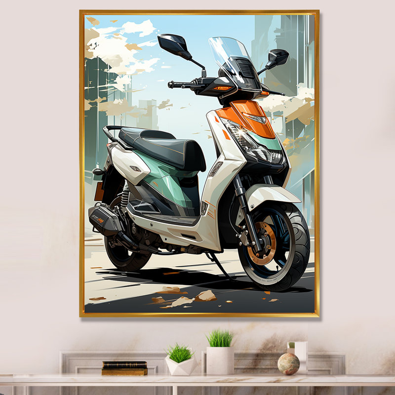 Scooter de ville blanc avec corail - impression d'art mural, H 32 po x l 16 po x P 1 po, Cadre flottant doré