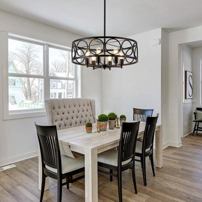 Farmhouse Chandelier With Rustic Drum Design, 6-Light Industrial Hanging Fixture For Dining Room Kitchen Island Bedroom Entryway, Dimmable Black Modern Lighting