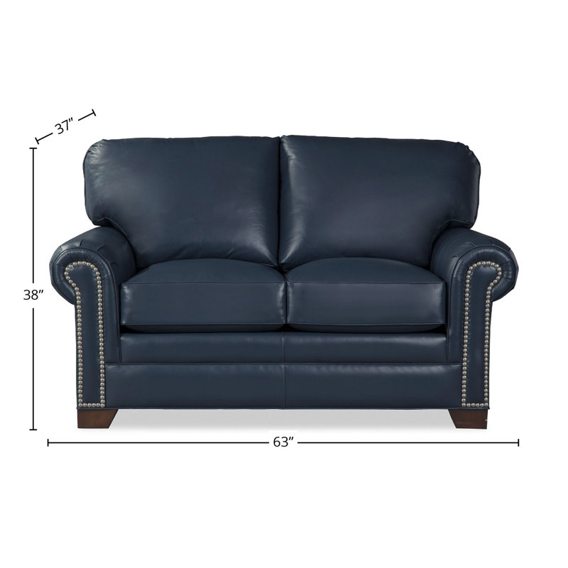 Copola 63" Genuine Leather Rolled Arm Loveseat, Dark Blue Genuine Leather