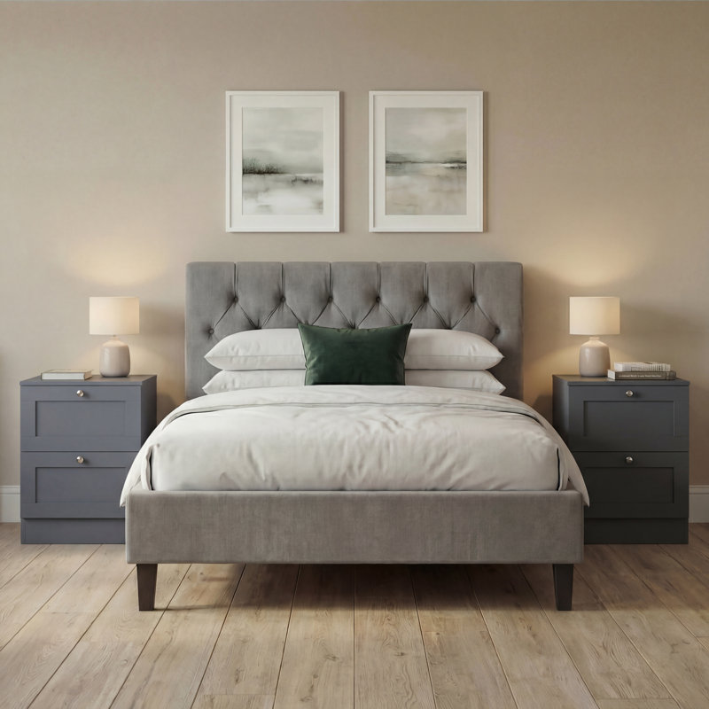 Tasneem 2 Drawer Set Of 2 Bedside Tables Compact Nightstand Storage Cabinet Modern Bedroom Side Table, Grey