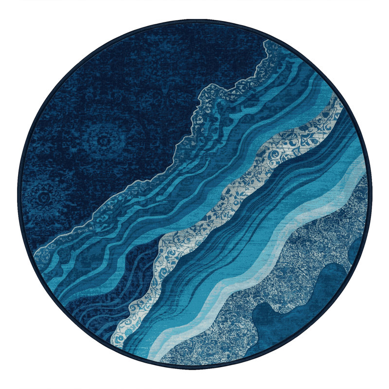 Machine Washable Ottavio Classic Oriental Rug in Blue – Navy Binding, 5' Round