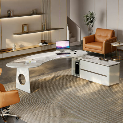 Luxury L-Shaped White Sintered Stone Office Desk with Large-Capacity Storage Cabinet