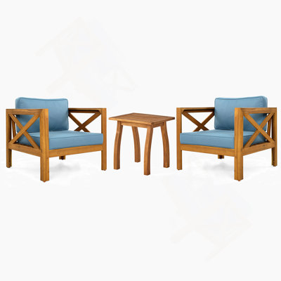 3 Piece Patio Conversation Set, Outdoor Wood Leisure Seat(Set of 2),Armchair with Cushions,Selma Acacia Wood End Table ,Teak Finish, cushion