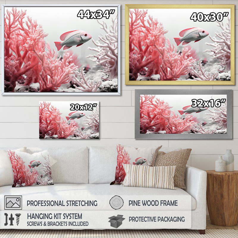 Reproduction d'art sur toile monochrome, rose et blanc, Cadre flottant blanc, H 30 po x l 40 po