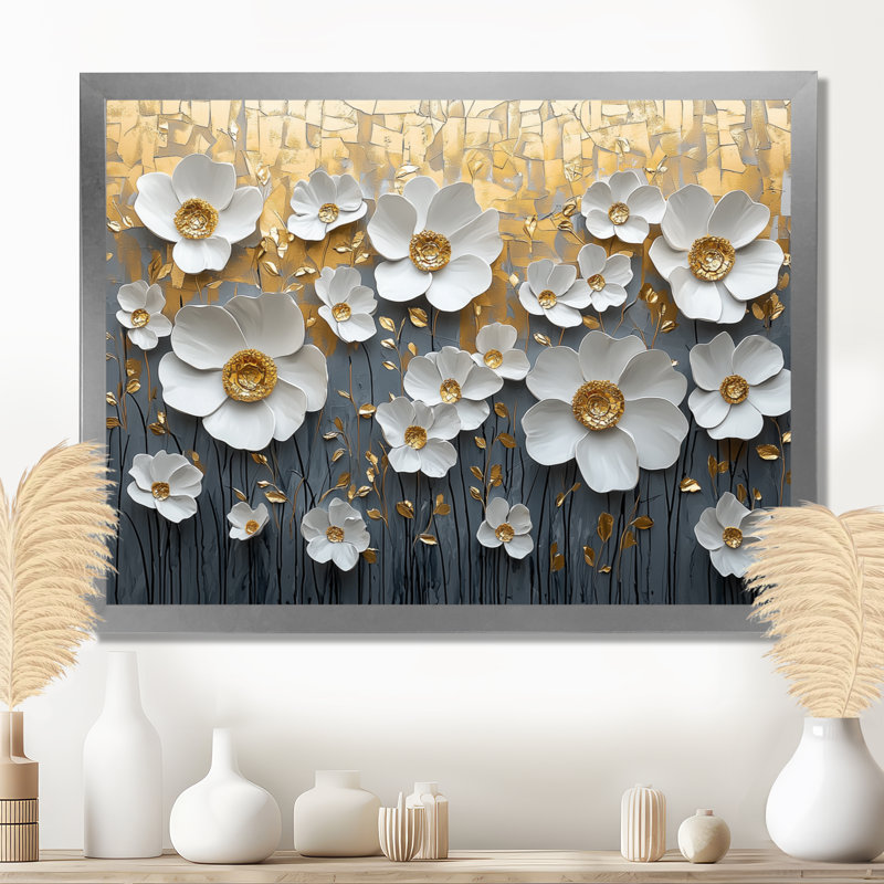 Mudasar, fleurs blanches et dorées, fleurs sauvages V - Art mural fleurs sauvages, Reproduction encadrée d'une seule photo