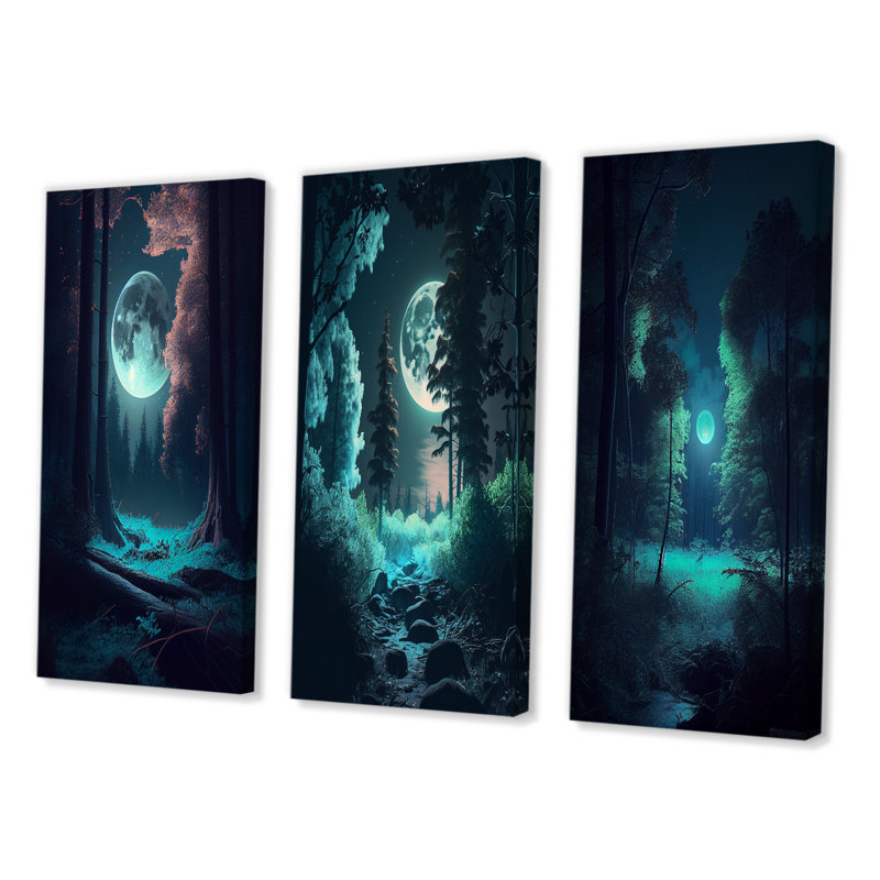 «Full Moon Grace Magical Midnight Forest V», 3 pièces sur toile, H 40 po x l 60 po, Toile tendue