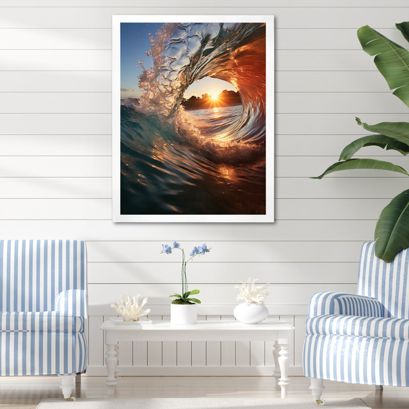 «Beach Photo Sunlit Waves IV» - Impression sur toile nautique et plage, Cadre photo blanc, L 16 po x H 32 po