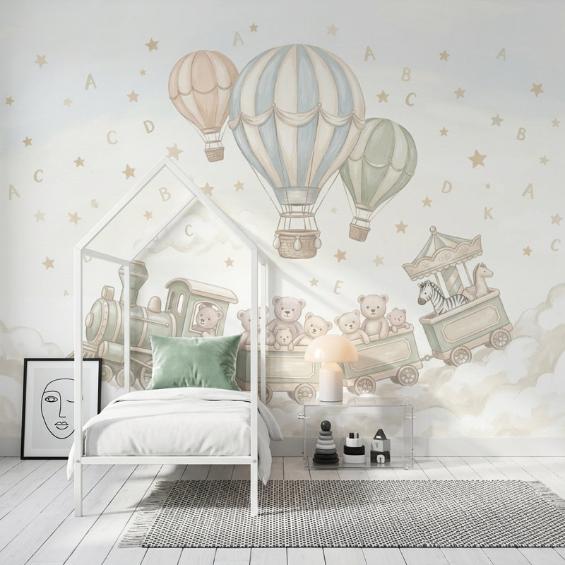 Murale de train d'enfant avec des ballons à air chaud, 100 po x 96 po, Non tissé
