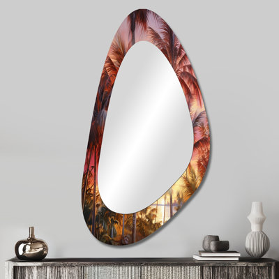 Clyda Rose Radiance Sunset Palm Trees IV - miroir mural décoratif asymétrique rose, miroir de forme irrégulière traditionnel, impression d'art en métal