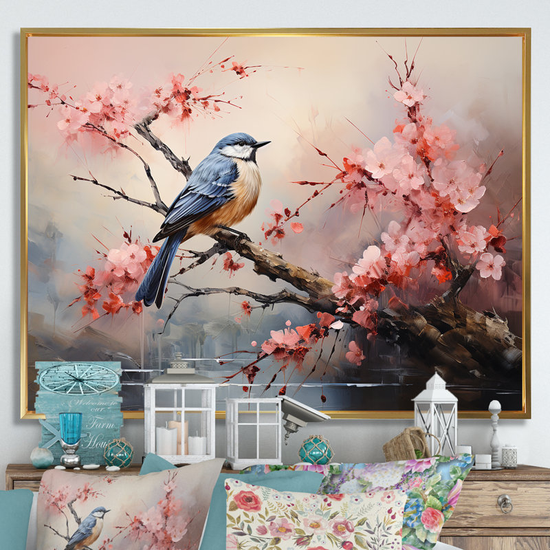 Vol de cerisier japonais en fleur I - Art mural oiseau, Cadre flottant doré, H 34 po x l 44 po x P 1,5 po