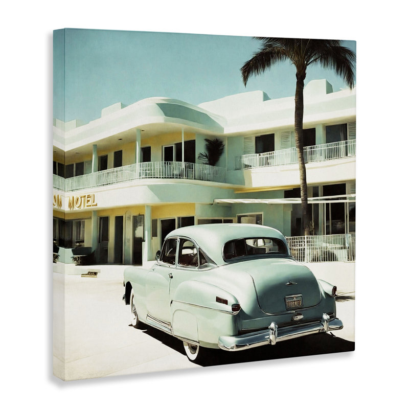 Art classique sur toile, "Classic car at môtel" par Noah Bay, H 36 po x l 36 po