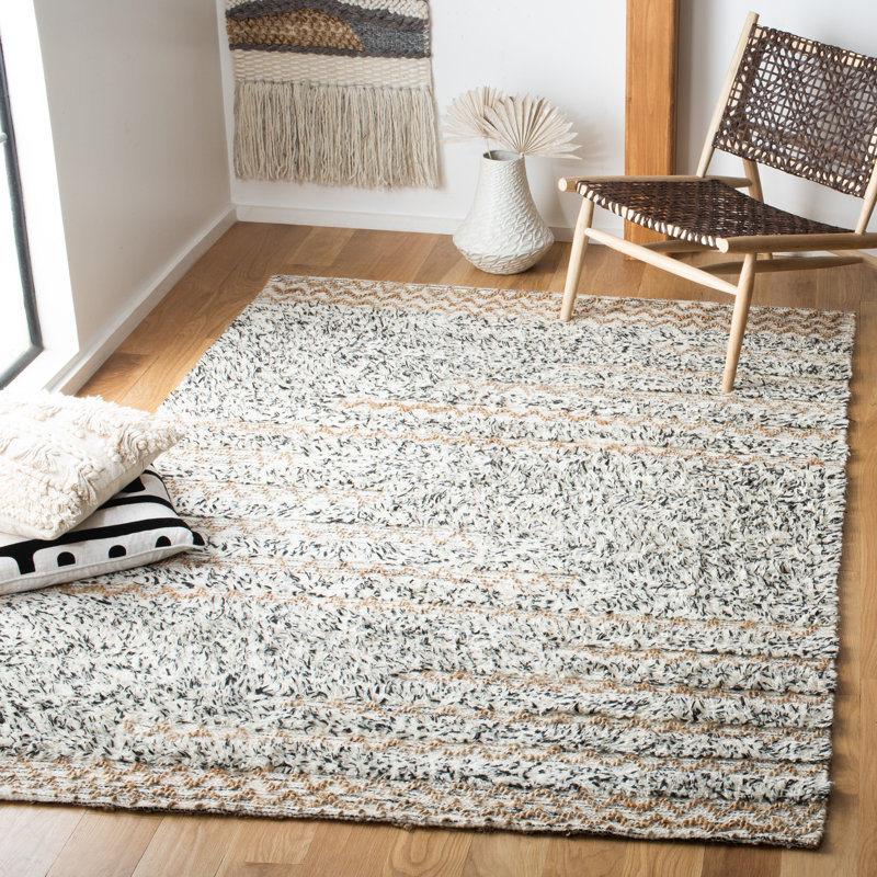 Avia Abstract Hand Loom Cotton/Wool/Jute Ivory/Black/Beige Area Rug, Rectangle 5' x 8'