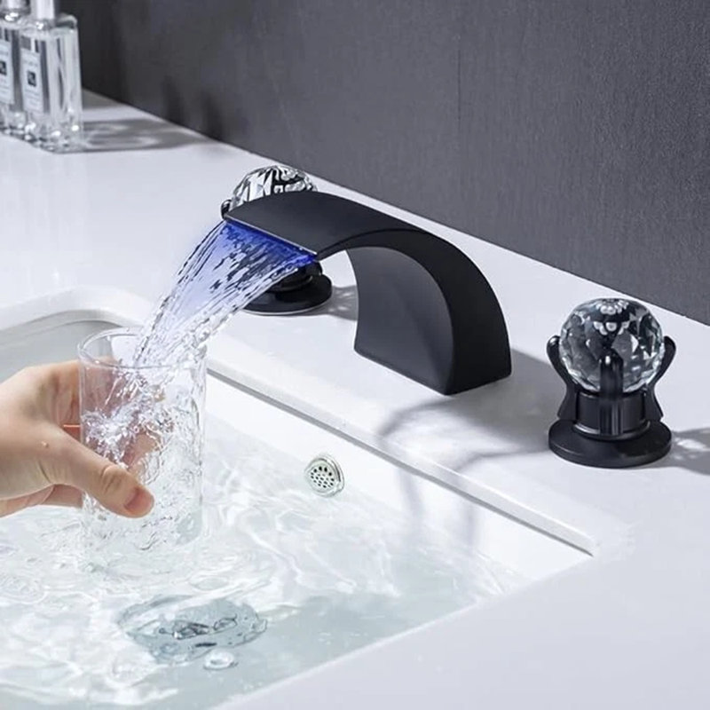 LED Bathroom Sink Faucet 3 Hole Widespread LED Light Waterfall Faucets Black