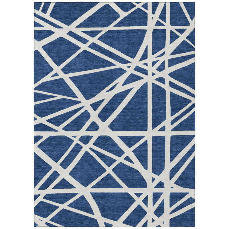 3' X 5' Navy Blue And Ivory Geometric Washable Indoor Outdoor Area Rug