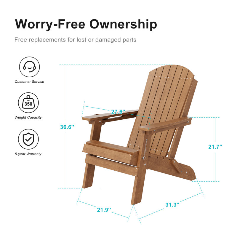 HDPE Folding Adirondack Chair with 3-Position Adjustable Back and Cup Holder, All-Weather Heavy Duty Outdoor Furniture Set for Backyard and Pool