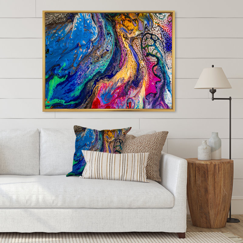 Rouge rouge bleu et jaune marbre - peinture sur toile, H 30 po x l 40 po, Cadre flottant doré