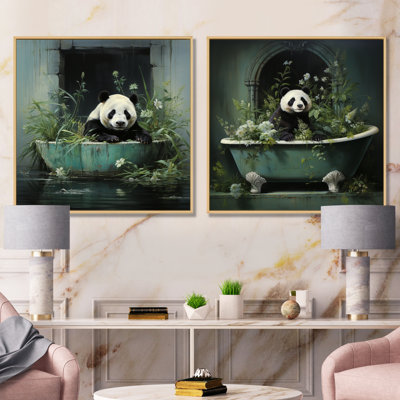 Green Tranquil Panda Bath I - Bathroom Wall Art Living Room Set Of 2