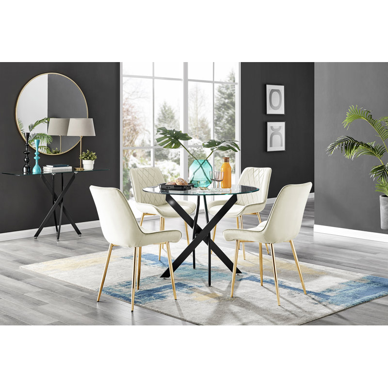 Ensemble repas pour quatre personnes, Crème / doré, H 29,53 po x L 47,24 po x L 47,24 po