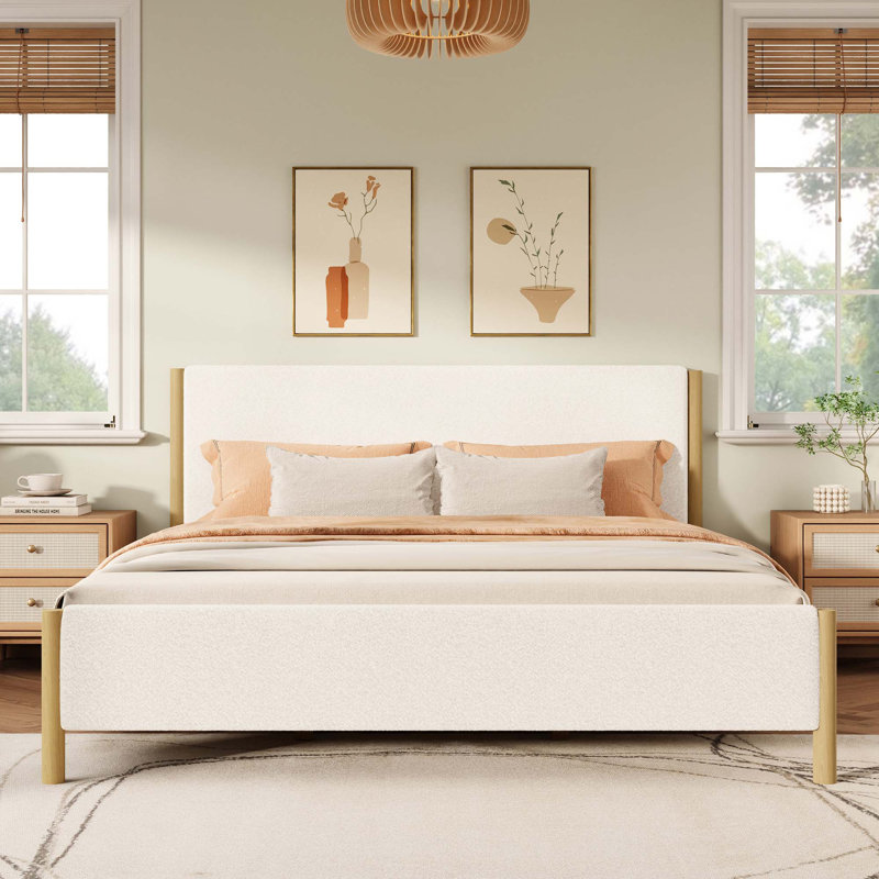 Giovanni Contemporary Upholstered Boucle Bed With Rubberwood Legs, Queen