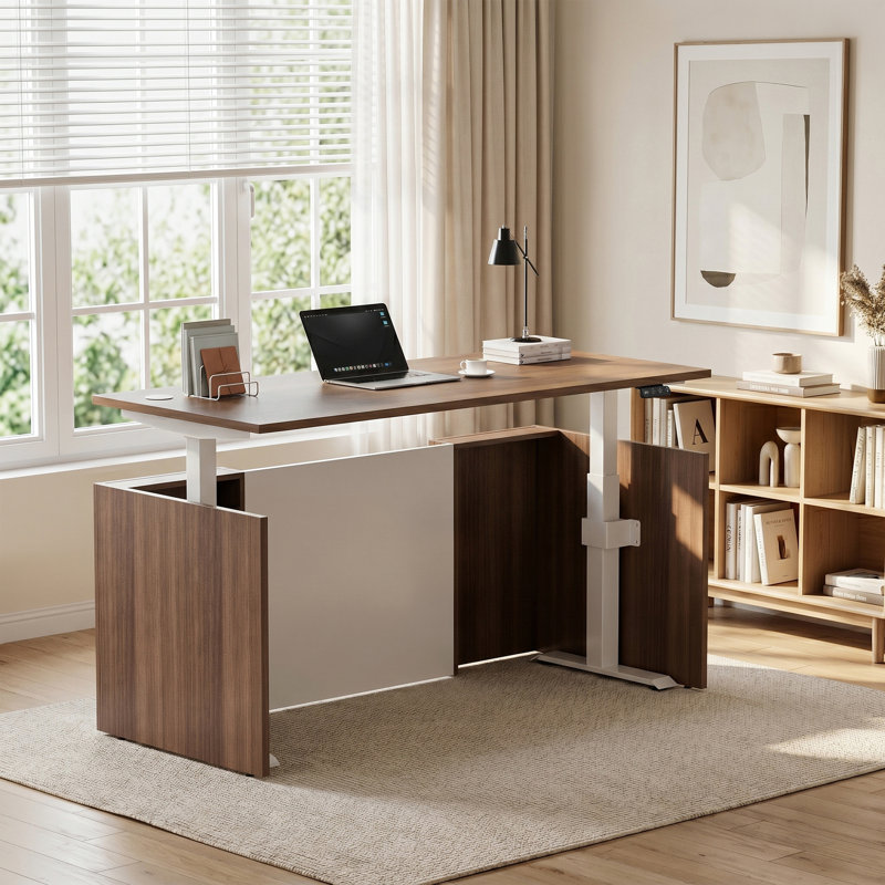 Nishad Adjustable Height Executive Standing Desk Pedestal, Walnut, Rectangular without Drawer