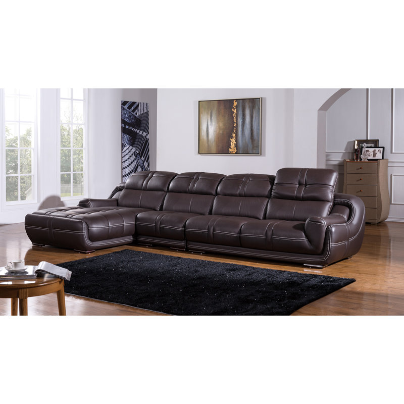 Upholstered L-Shaped Sectional, Dark Brown Genuine Leather, Left Hand Facing