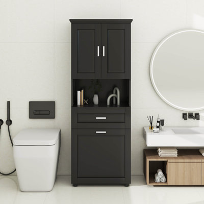 Tall Bathroom Cabinet With Laundry Basket, Adjustable Shelves