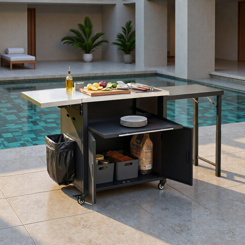 Chariot pour îlot de cuisine pour l'extérieur avec support à déchets, plateau pliable, panneau Lron extensible et espace de rangement