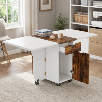 White 3‑in‑1 Folding Side Table,Telescoping with Lockable Wheels,Space‑Saving for Kitchen Dining Area Workshop Home Office
