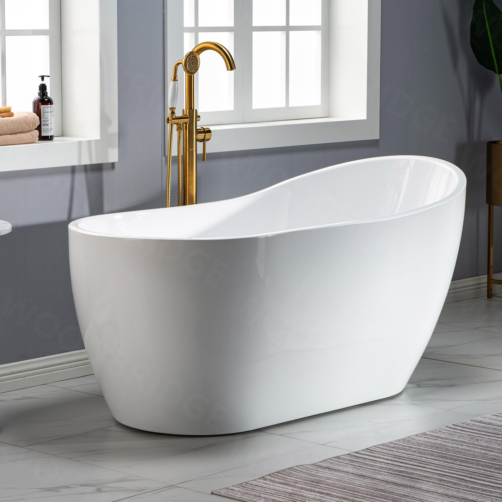 Aether 59" Single Slipper Soaking Bathtub, White/Brushed Gold