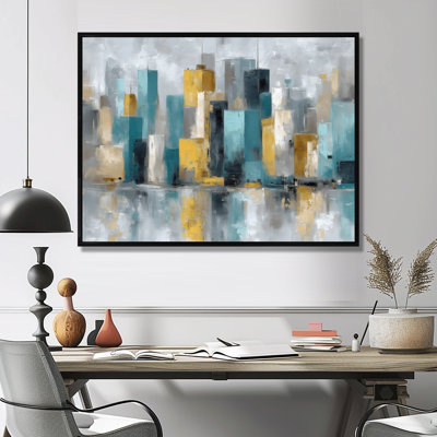 «Yellow Blue Abstract Cityscape New York City», art mural sur toile jaune, paysage urbain jaune
