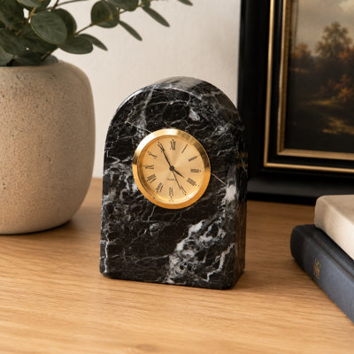 Horloge de table romaine en marbre mécanique à chiffres romains en zèbre noir