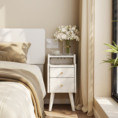 Narrow Solid Wood Nightstand with 2 Drawers