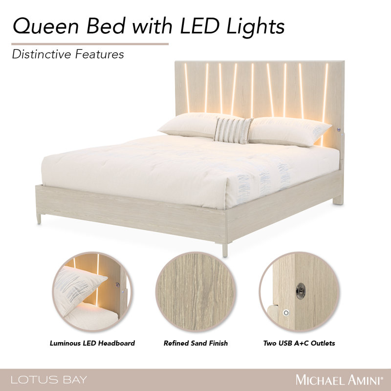 Lotus Bay Panel Bed With LED Lights - Sand, Queen
