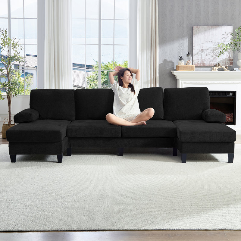 Canapé modulaire 110 po convertible en forme de L et en U, canapé en velours côtelé avec deux coussins de soutien et 2 repose-pieds