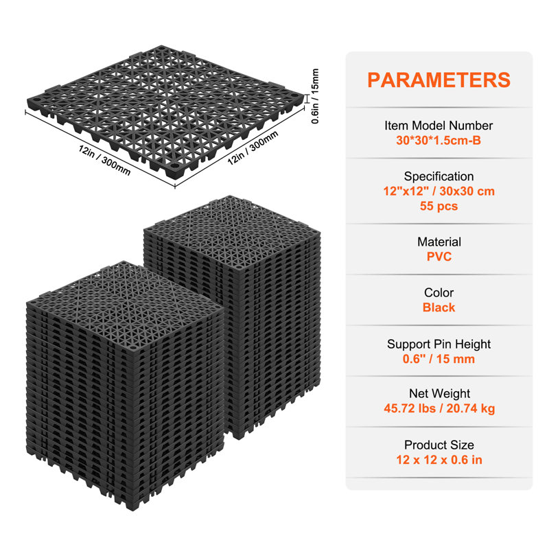 Black PVC Interlocking Drainage Floor Tiles for Wet Areas