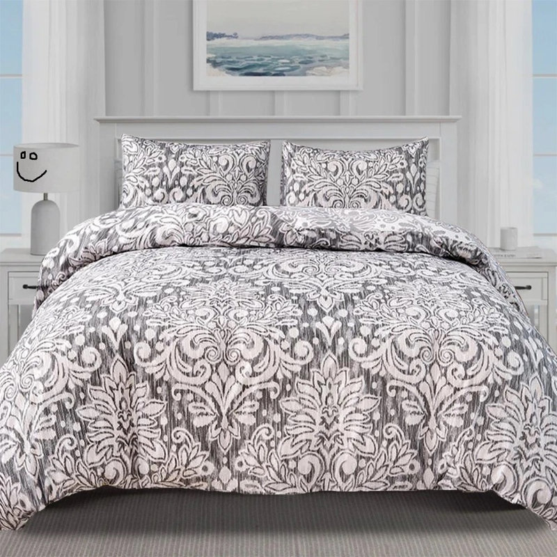 Cotton Damask Duvet Cover Set, Single Duvet Cover Set + 2 Additional Pieces, Grey Damask