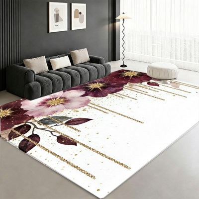 Watercolor Purple Pink Floral Botanical Area Rug, Delicate Blossom Print Pattern, Soft Durable, Stain Resistant Machine Washable Non-Slip Floor Carpet, Stylish Indoor Home Decor for Living Room, Bedroom, Entryway, Front Door, Kitchen, Balcony, Apartment