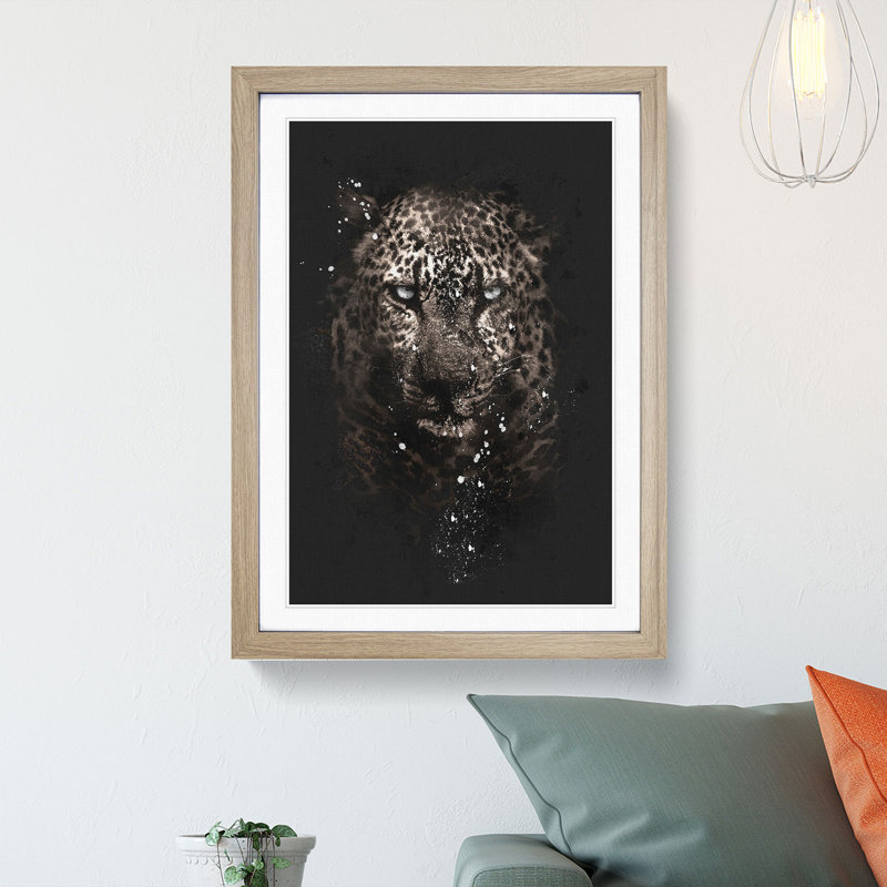 Leopard In The Dark Paint Splash - Picture Frame Graphic Art, Oak Framed, 87cm H x 62cm W x 2cm D