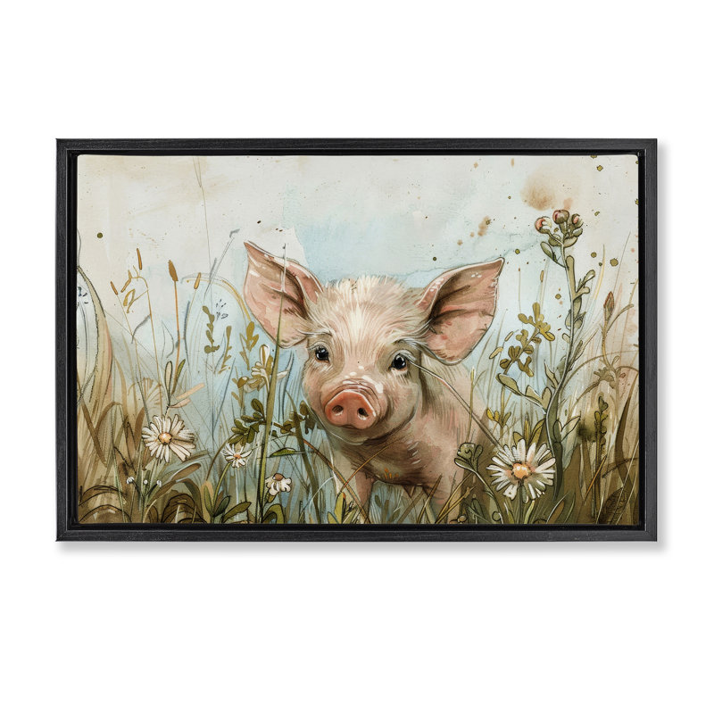 Porcelet parmi les fleurs, toile flottante encadrée par Petals Prints Design, Cadre flottant noir de jais, H 17 po x l 25 po