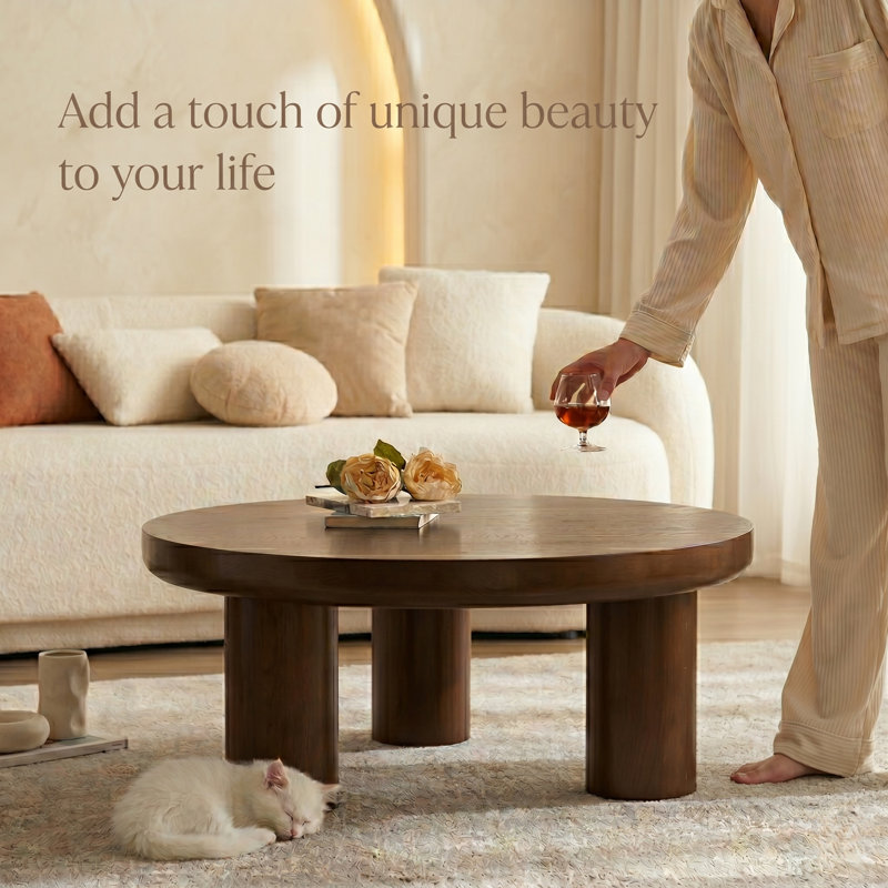 35.5" Modern Dark Brown Wood Round Coffee Table 3-Legs Pedestal For Living Room&Bedroom, Dark Brown Wood