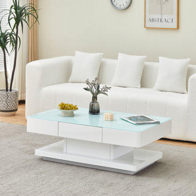 Coffee Table, 100 X 60 X 35 Cm 8 MM Tempered Glass Top Rectangle Living Room Centre Table With 2 Storage Drawers, Black