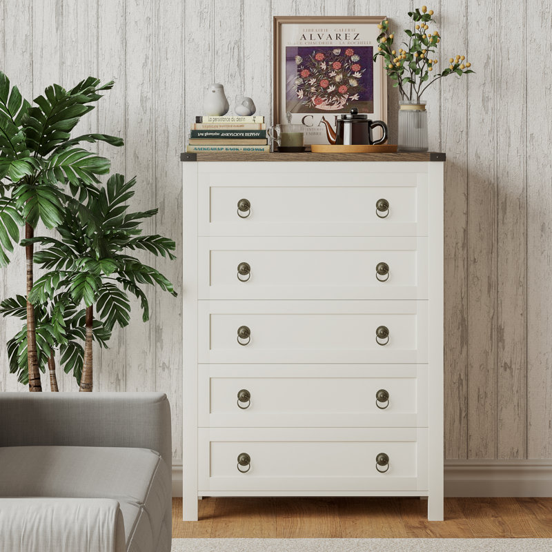 Commode 5 tiroirs Gracie Oaks Farmhouse, White/Brown