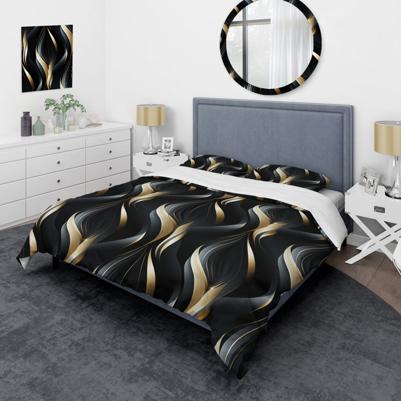 Ensemble de housse de couette à motif abstrait en polyester microfibre Mellow Yellow Harmony, Noir profond et abstrait doré
