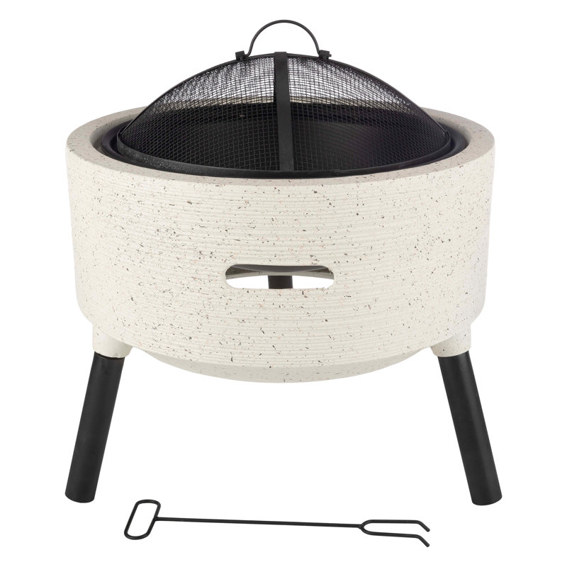 Outdoor Fire Pit - 21” Round Faux Concrete Firepit - Wood Burning Fire Pit with Poker, Screen, Cover - Wood Fire Pits for Outside Patio by Pure Garden