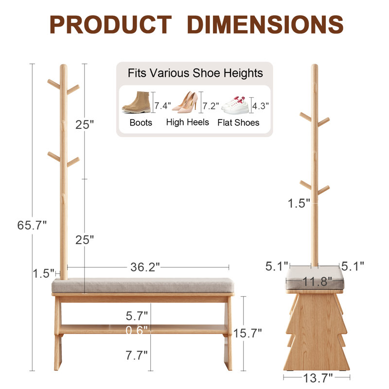 Solid Wood Entryway Bench with Integrated Shoe Rack & Coat Hooks – Angled Side Design, 65.75'' H x 39.37'' W x 13.78'' D, Tan