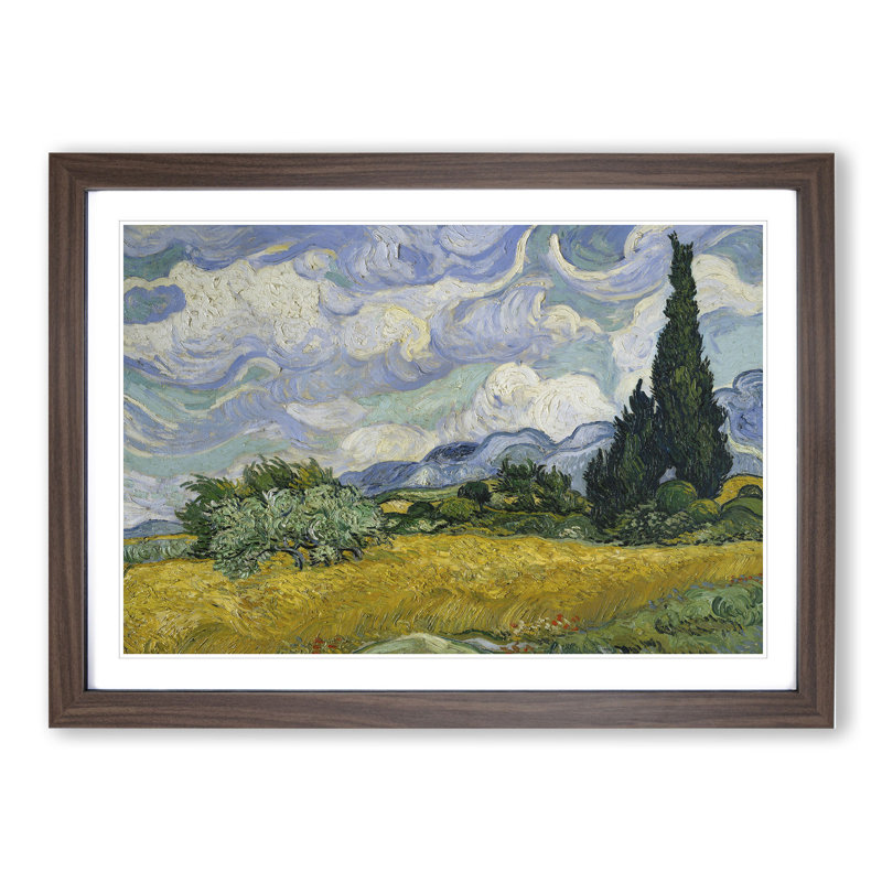 A Wheatfield with Cypresses Vol.1 by Vincent Van Gogh - Picture Frame Painting, Walnut Framed, 48cm H x 65cm W x 2cm D