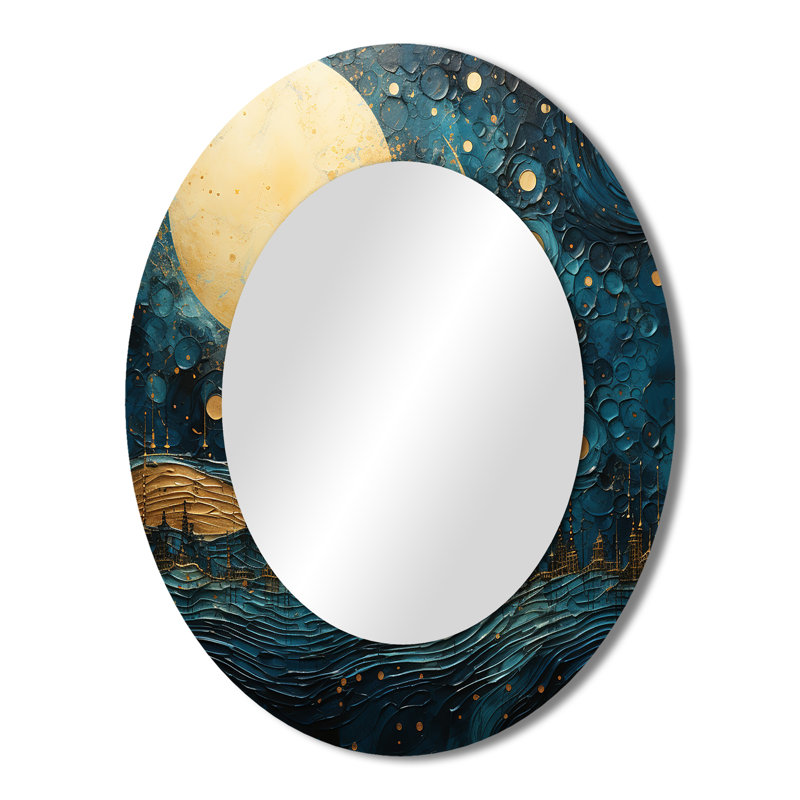 Miroir mural moderne ovale bleu lune et or Cerulean Cycle Dreams V, H 43 po x l 33 po