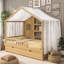 Lit plateforme en bois 2 tiroirs avec toit, rideaux, barrières de sécurité et tablettes-857681048-857681063