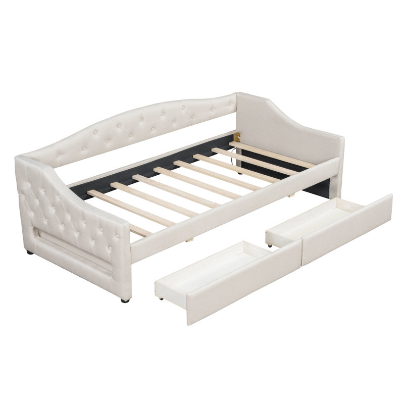 Lit simple TG, lit de jour, beige, tissu d'ameublement, ceinture à DEL, 2 tiroirs, lattes, lin revêtu à usage constant, sans sommier, petite chambre
